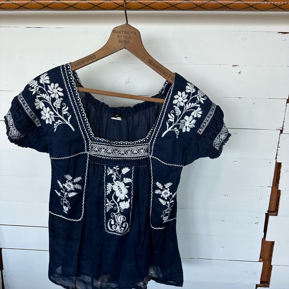 Navy Blue Embroidered Women's Top